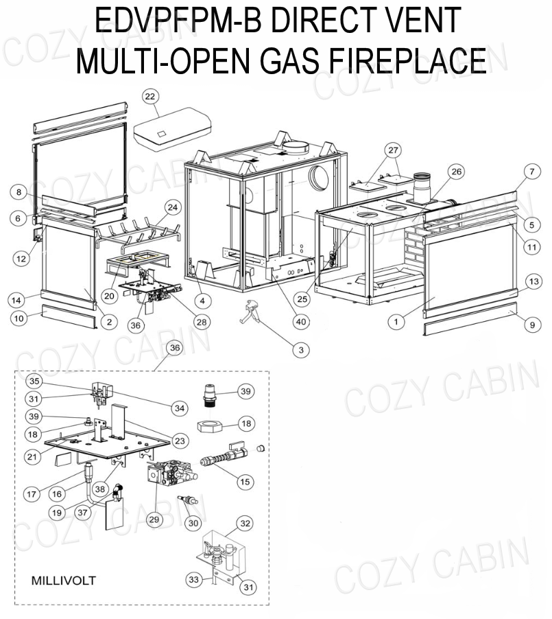 Elite Series Direct Vent 3-Sided Peninsula LP Gas Fireplace with Millivolt Control (EDVPFPM-B) #EDVPFPM-B
